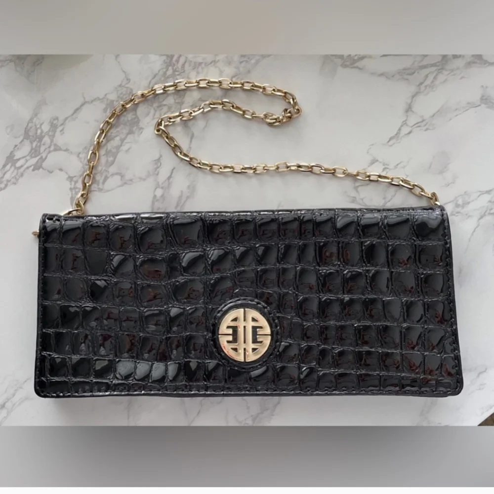 Antonio Melani Black Crocodile Leather Clutch Purse Gold Chain Magnetic Closure